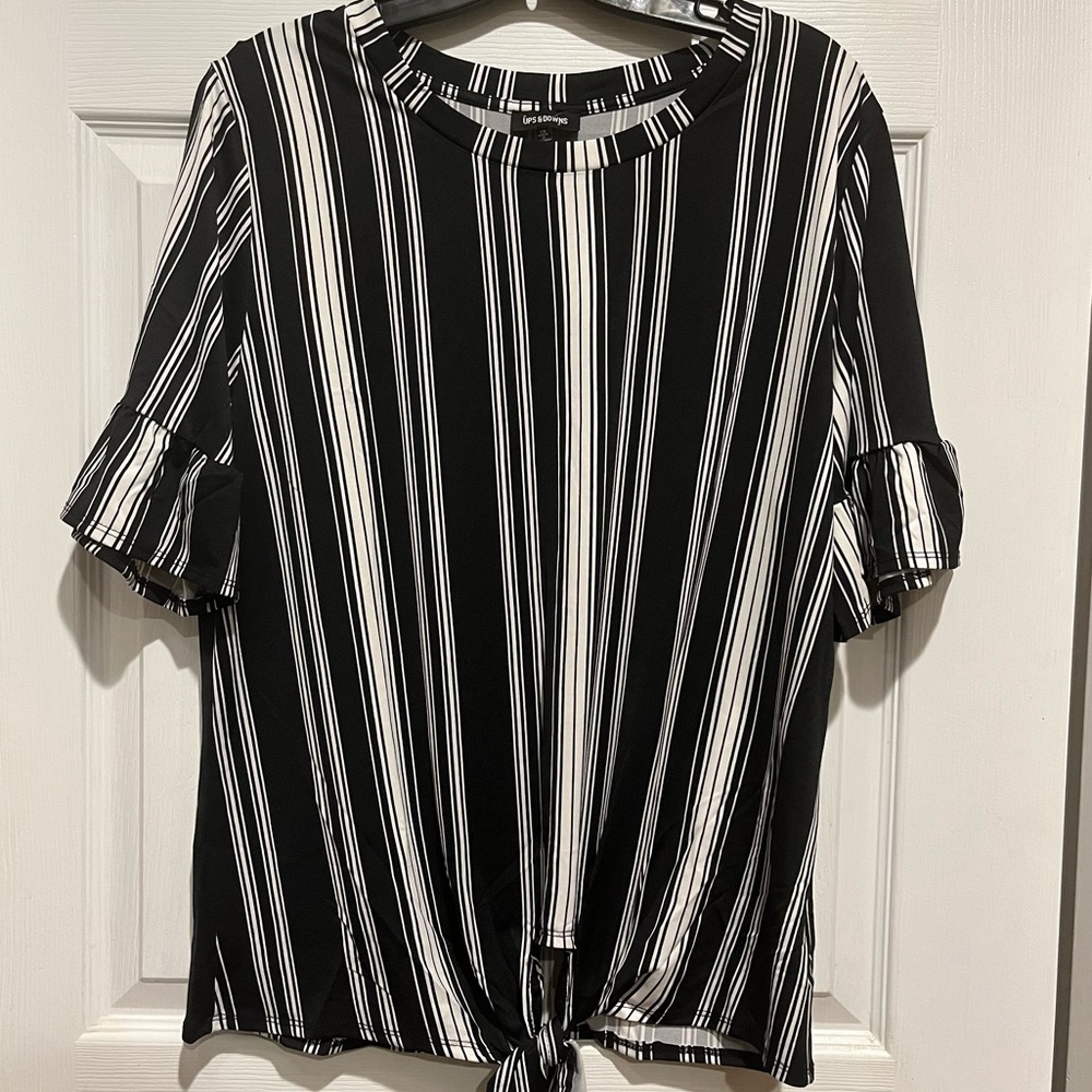 Black and White Striped Blouse with Tie